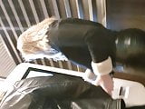Blonde slut W leather leggings tight