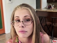 Skinny geek stepmom taboo BJ under the glass table