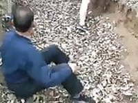 Asian Wife Dogging Old Man With Husband Outdoors