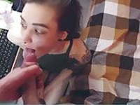 Guy stroke dick on cute girl with a piercing & cum facial.