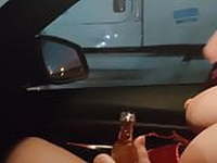 Wife flashes trucker her huge tits