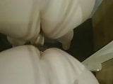 Girlfriend sticks dildo to mirror and takes it doggy 
